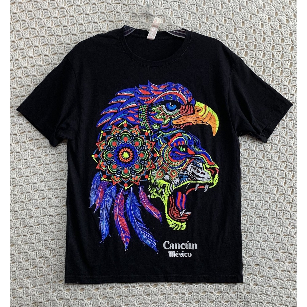 Cancún México Shirt Men's Adult Sz large Black Multicor Double Sided Graphic Tee